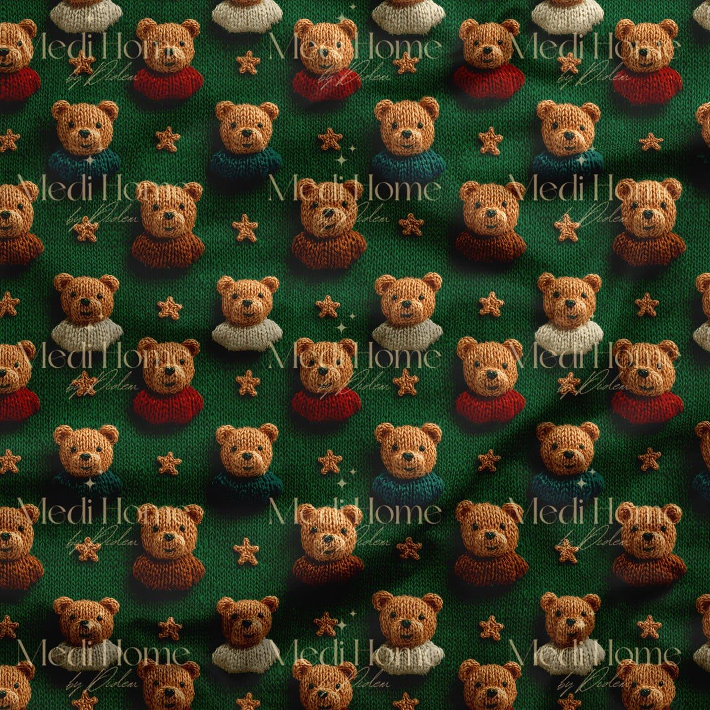Yeşil Zeminde Klasik Teddy Ayıcıklar Dijital Baskılı Kumaş