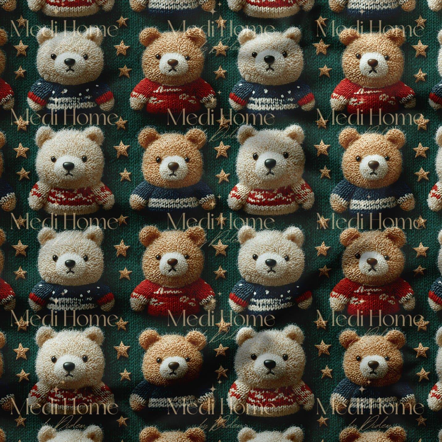 Yeşil Zeminde Yıldızlı Kış Kazaklı Teddy Ayıcıklar Dijital Baskılı Kumaş
