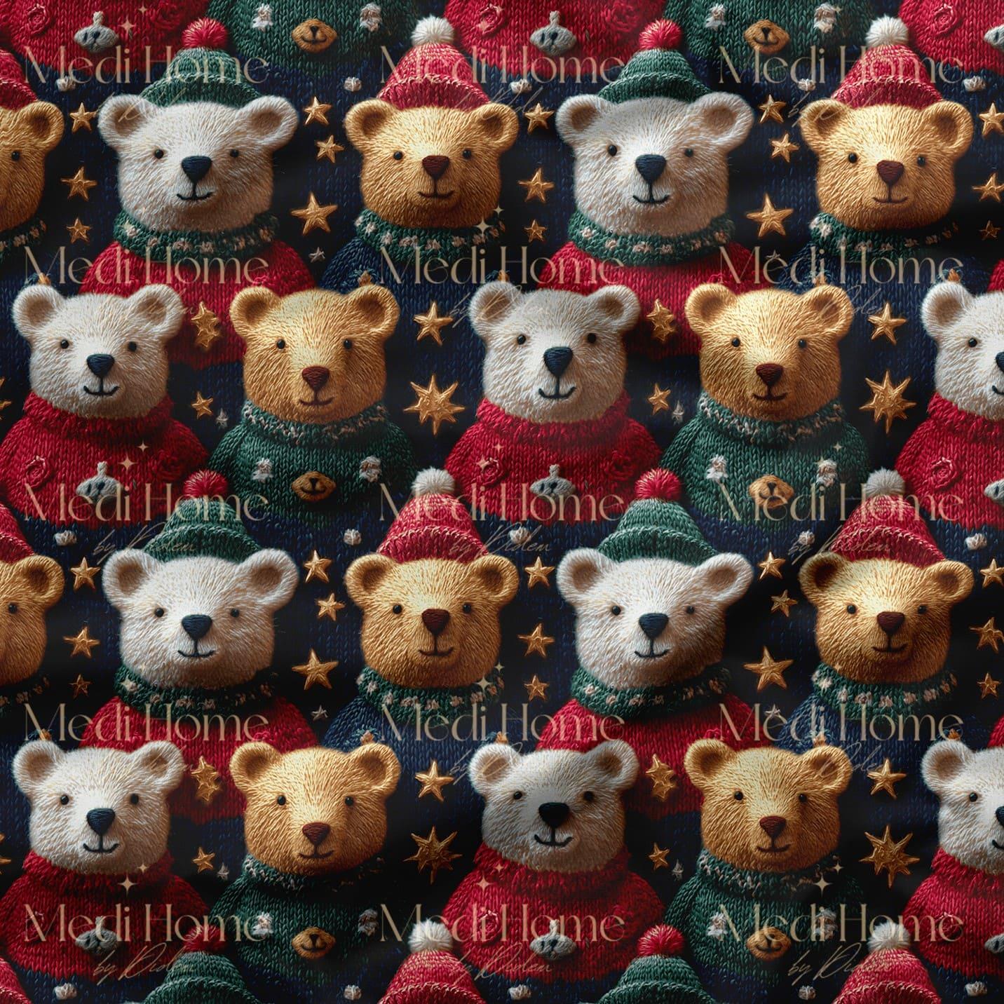 Yılbaşı Ruhunda Şapkalı Teddy Ayıcıklar Dijital Baskılı Kumaş