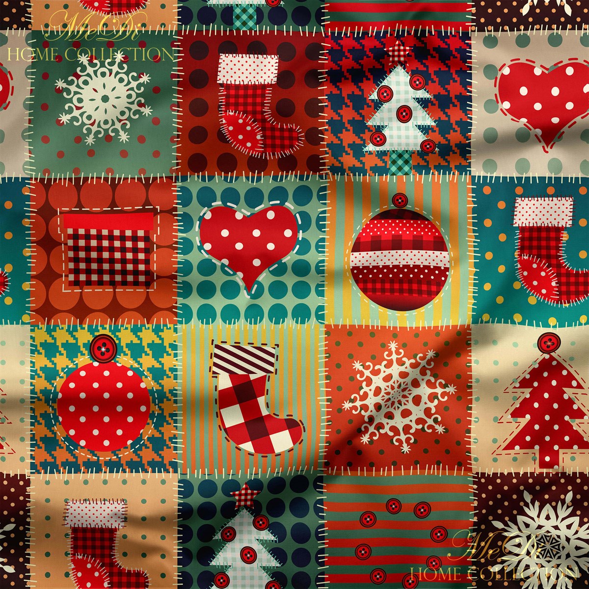 Yılbaşı Süsleri Patchwork Desenli Dijital Baskılı Kumaş