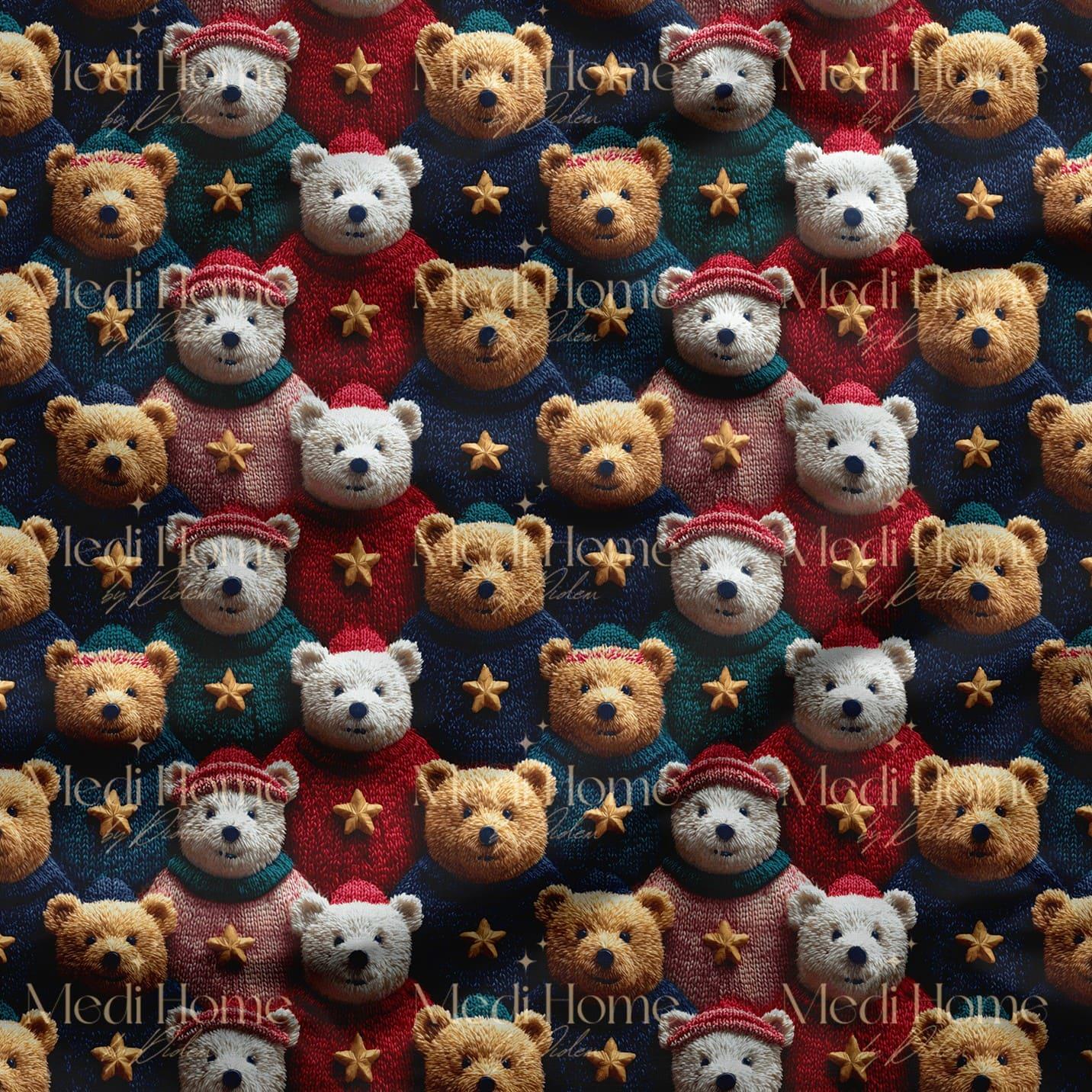 Yıldızlı Kış Kazaklı Teddy Ayıcıklar Dijital Baskılı Kumaş