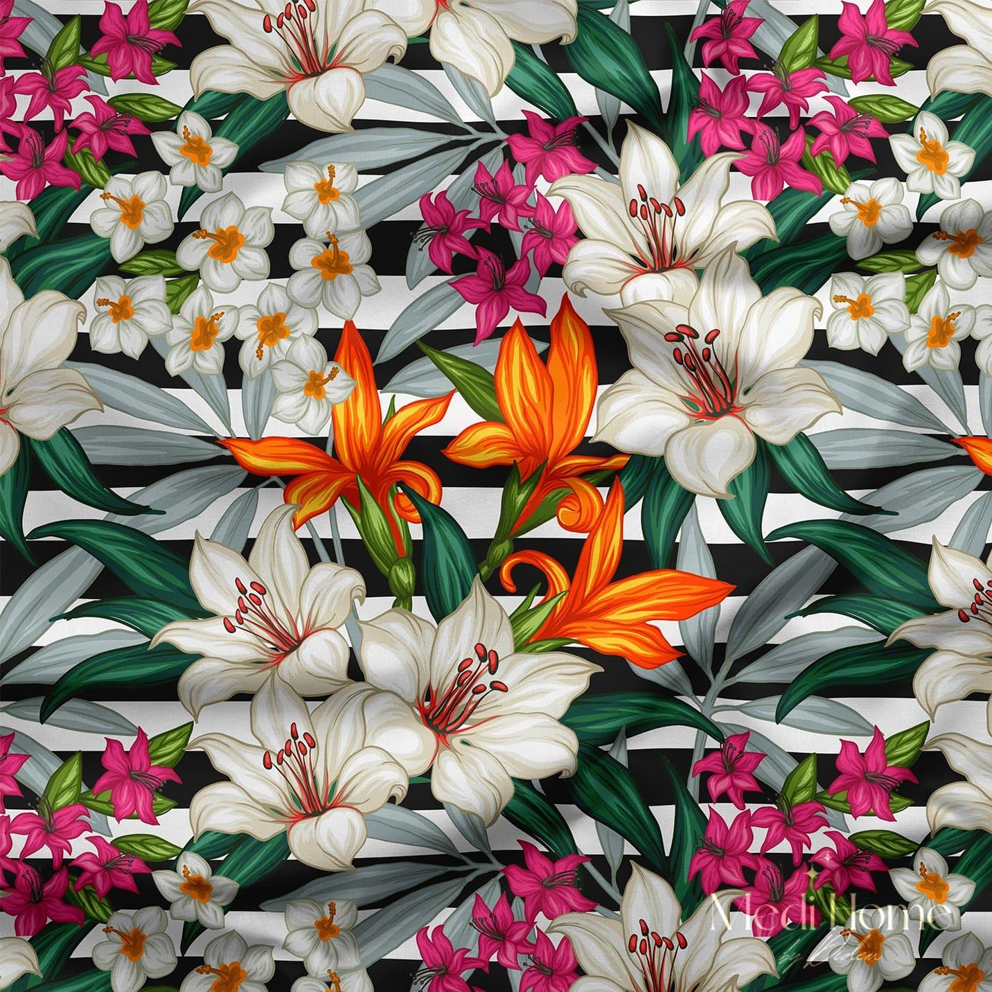 Zebra Şeritlerinde Zambak Baharı Dijital Baskılı Kumaş