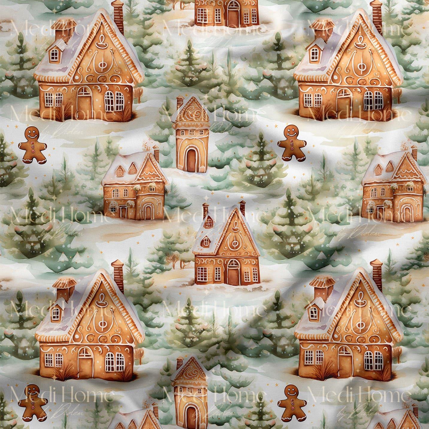 Zencefilli Evlerin Kış Ormanı Masalı Dijital Baskılı Kumaş