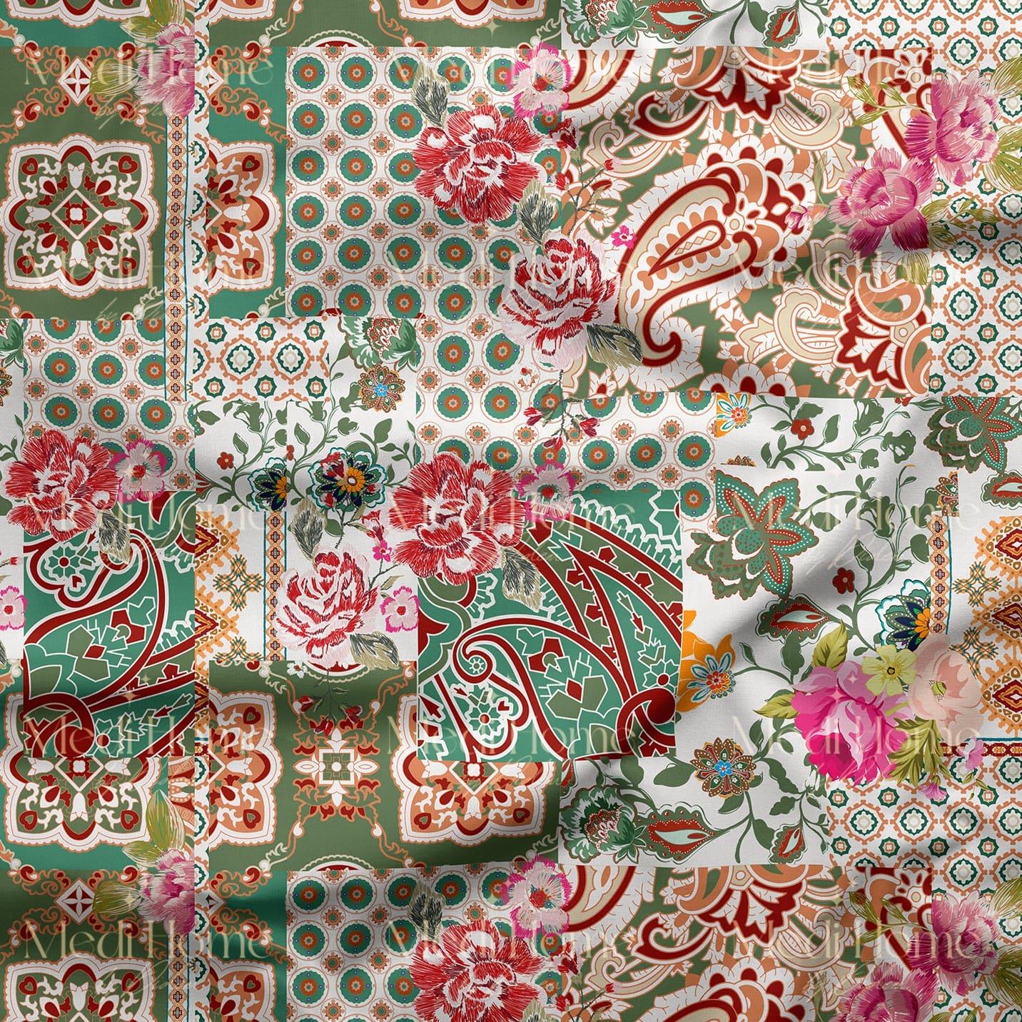 Zümrüt Bahçesinde Çiçekli Patchwork Masalı Dijital Baskılı Kumaş