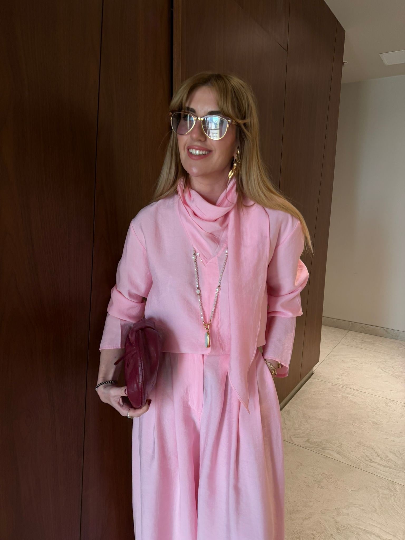 Pembe , Orijinal Model Fular Yakalı Gömlek & Pantalon Premium Tencel Takım