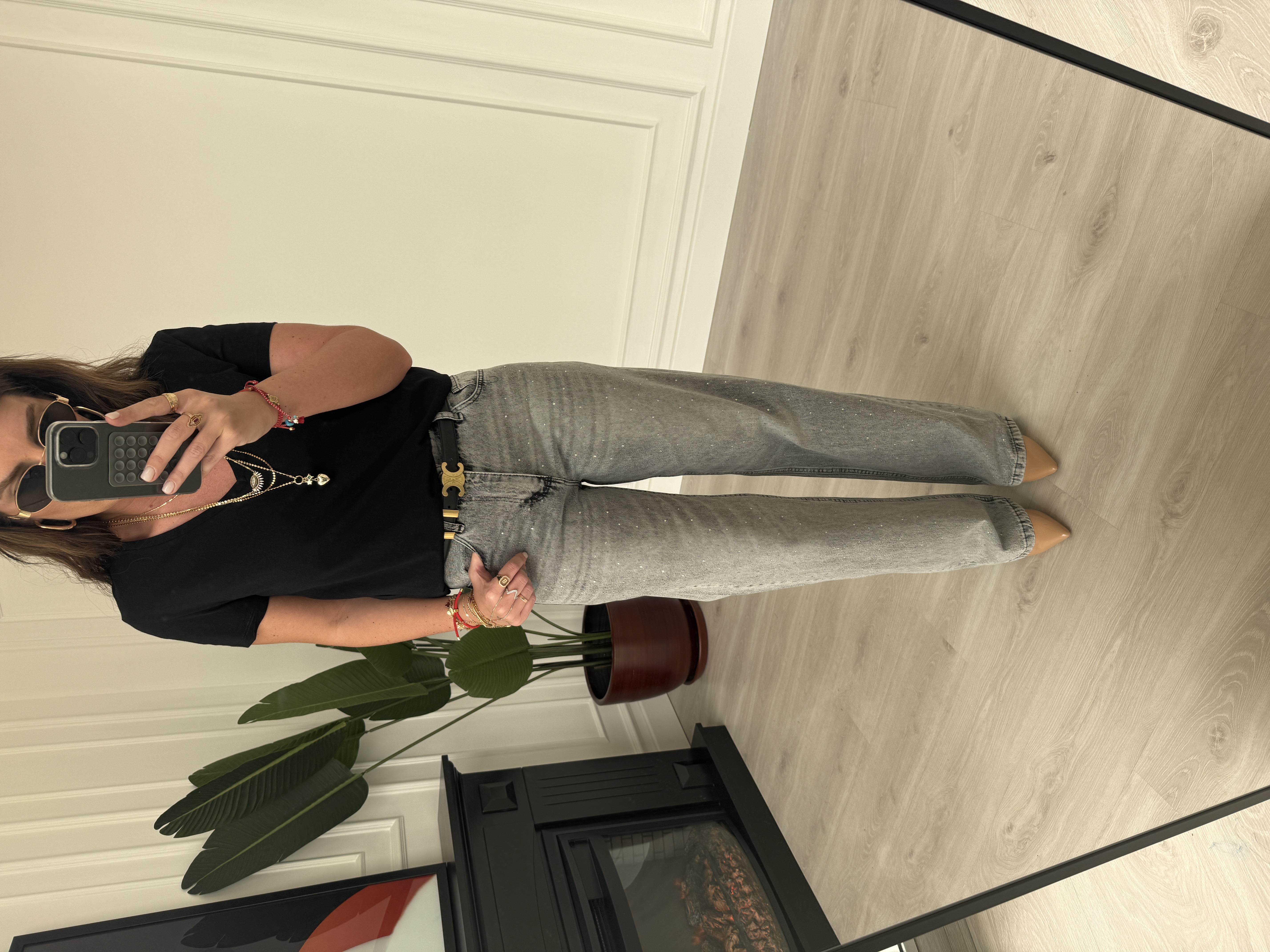 Önü Komple Taşlı Füme Jean Pantolon