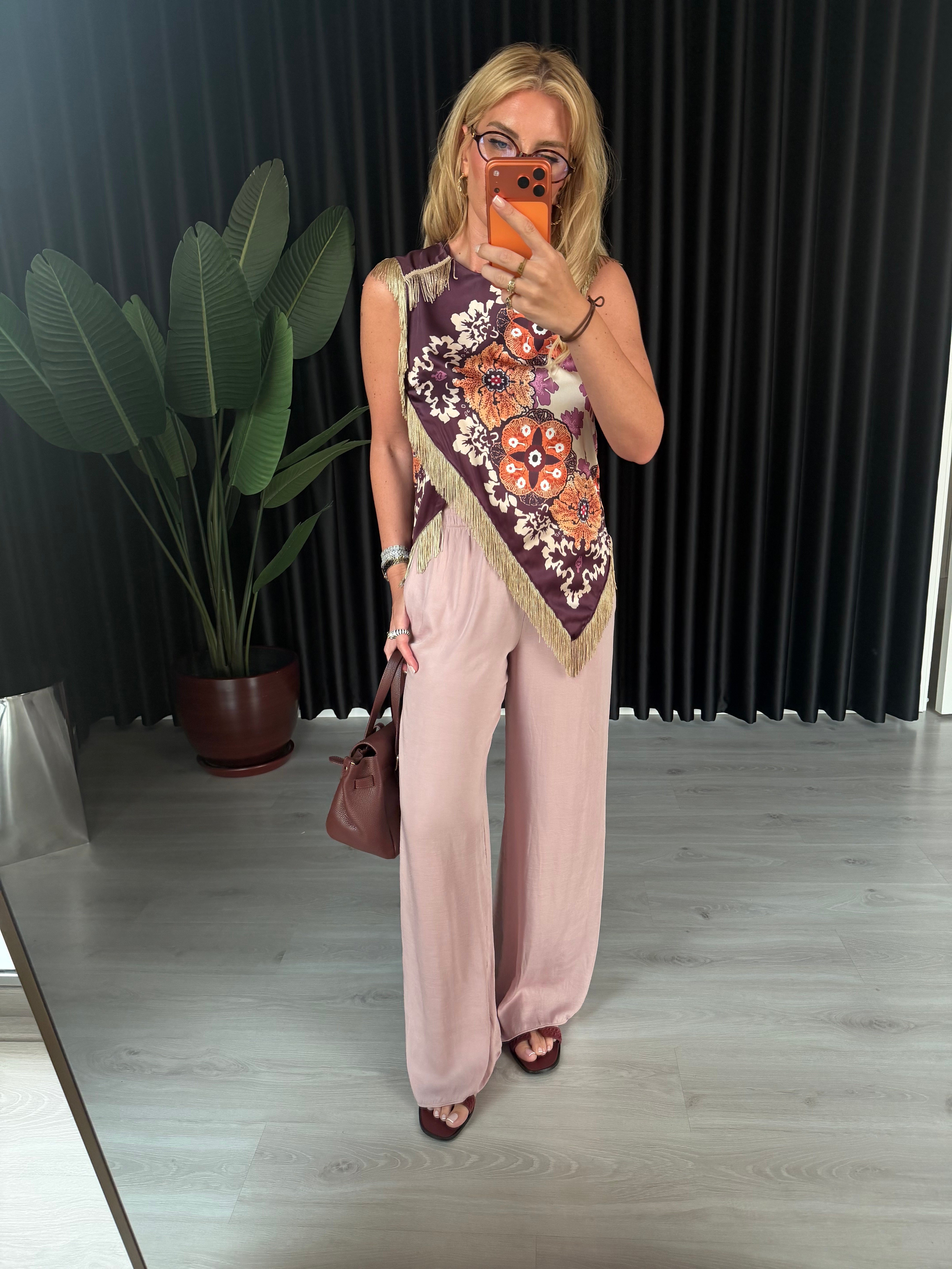 Beli Komple Lastikli Pudra Pembe Tencel Palazzo Pantalon