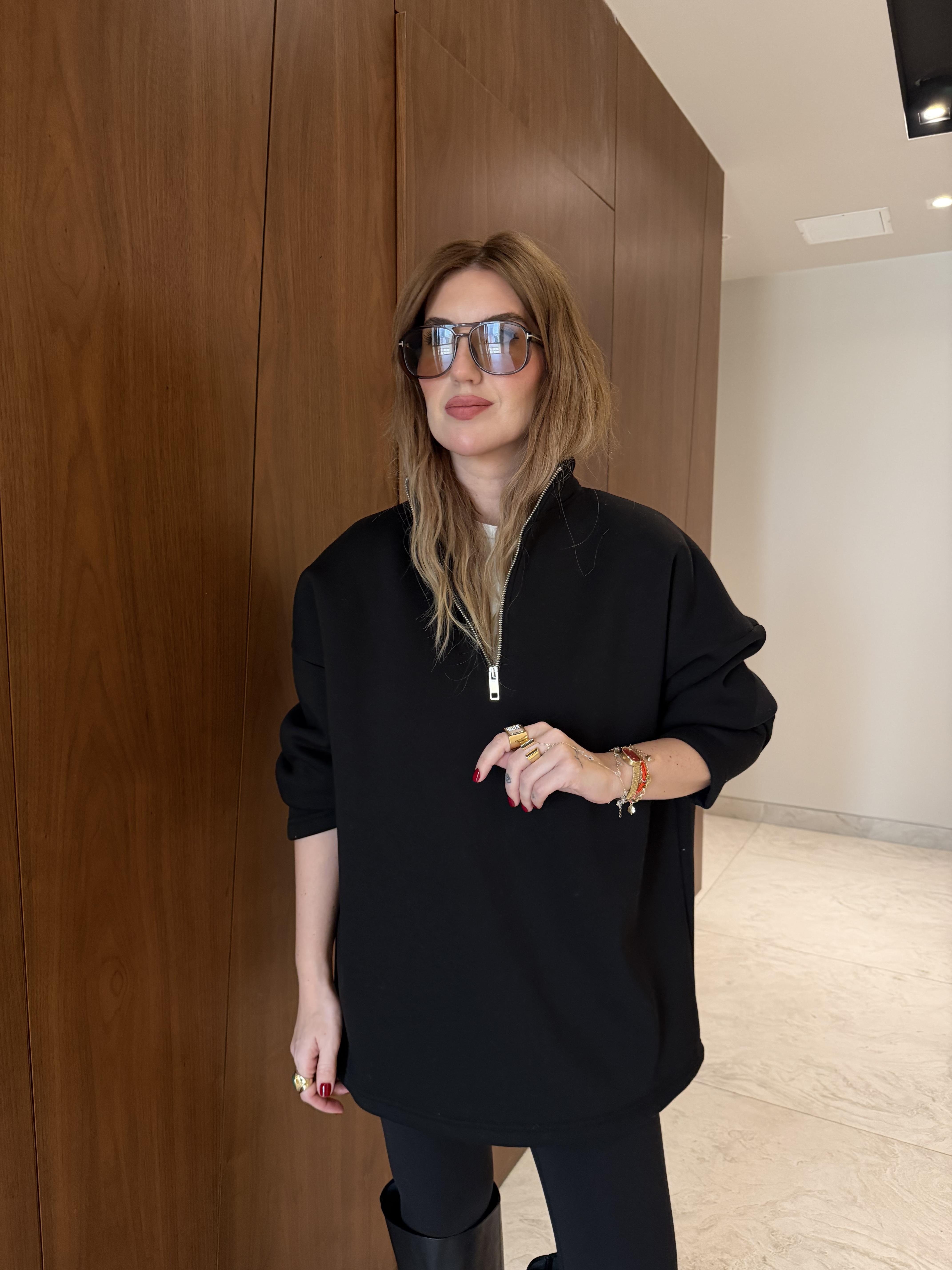 Yarım Fermuarlı , Yumuşacık , Siyah Sweatshirt