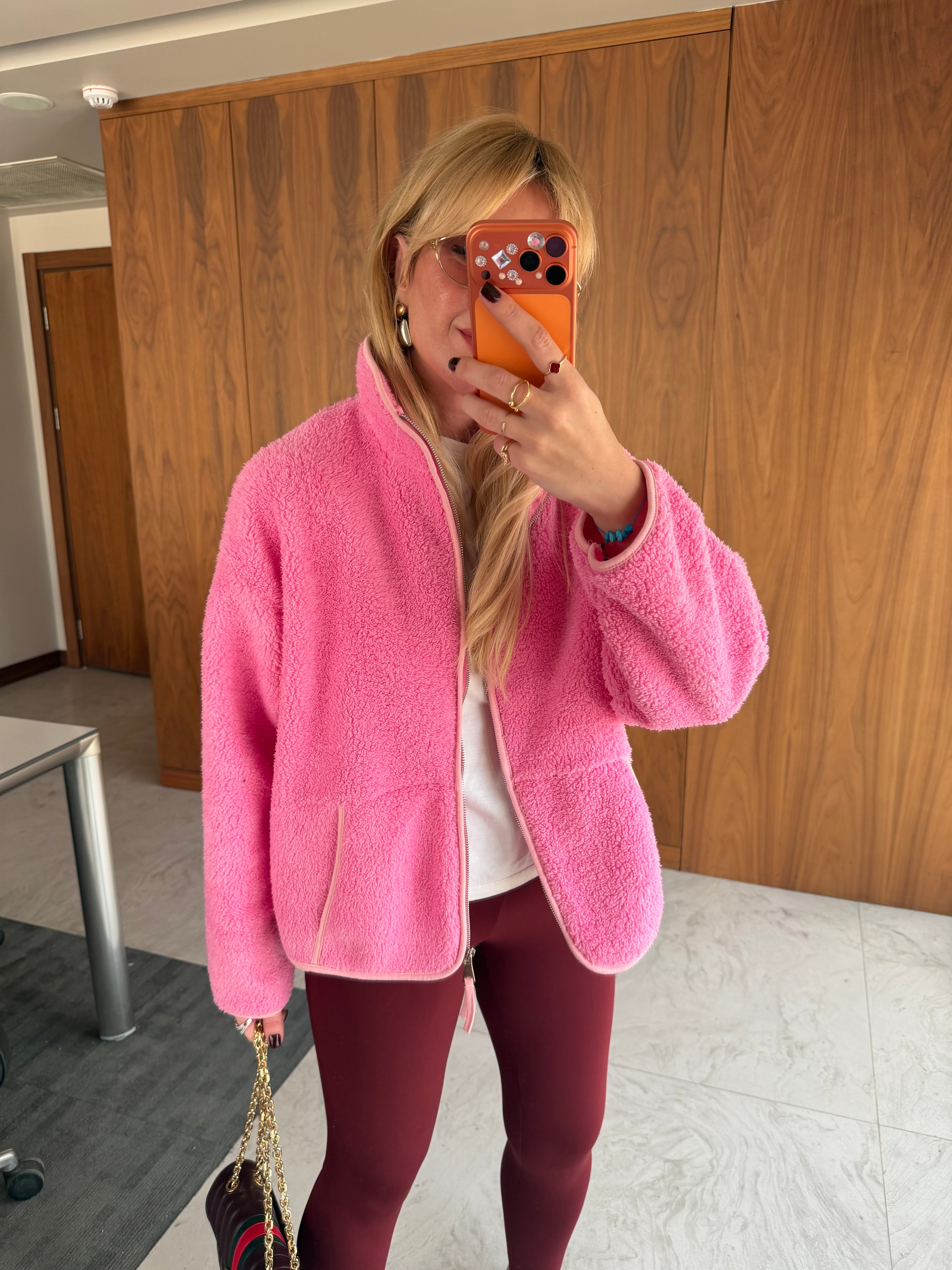 Önden Fermuarlı Dik Yaka Pembe Teddy Mont