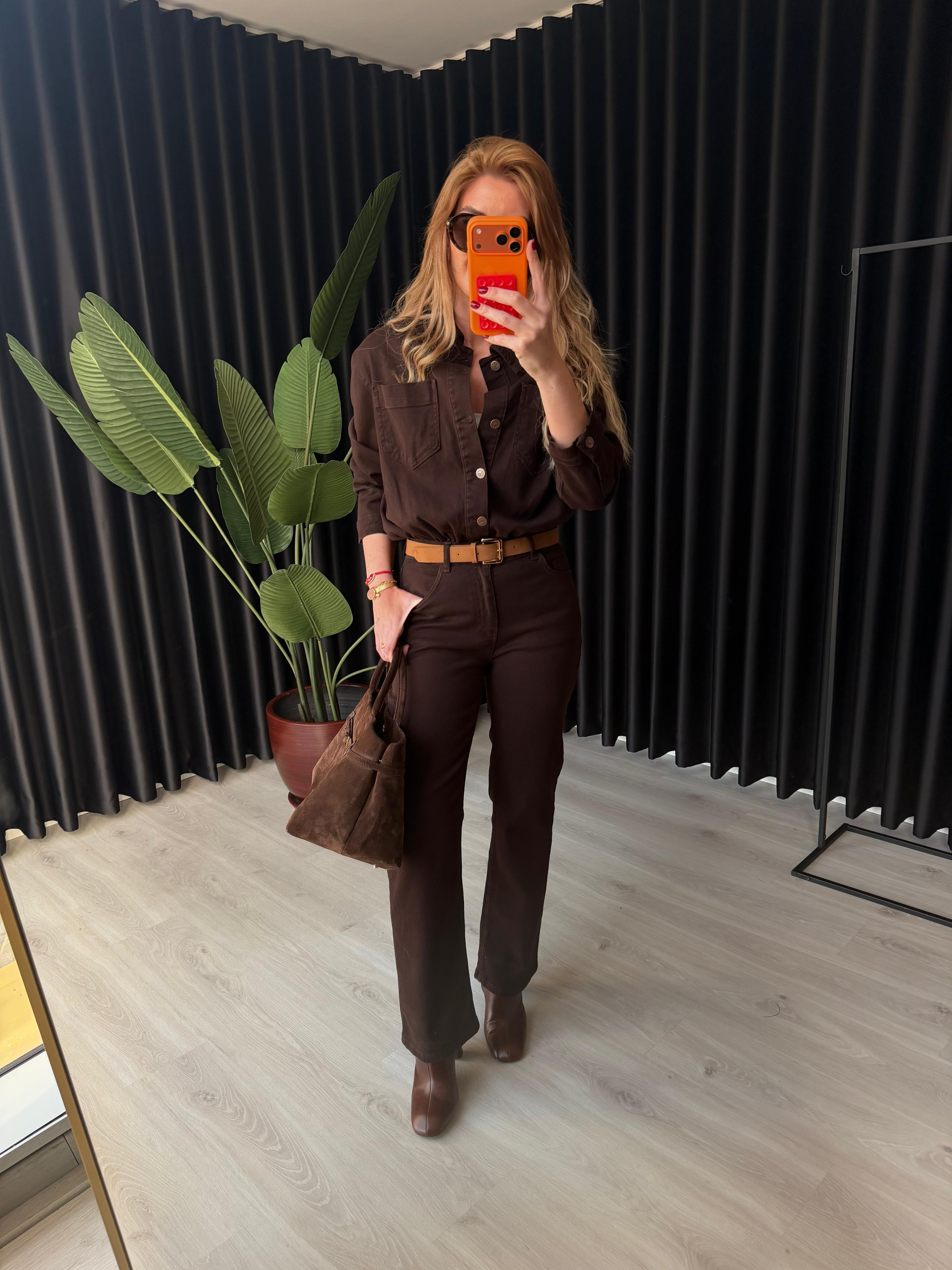 Süet Kemerli, Beli Lastikli, Likralı Acıkahve Premium Tulum