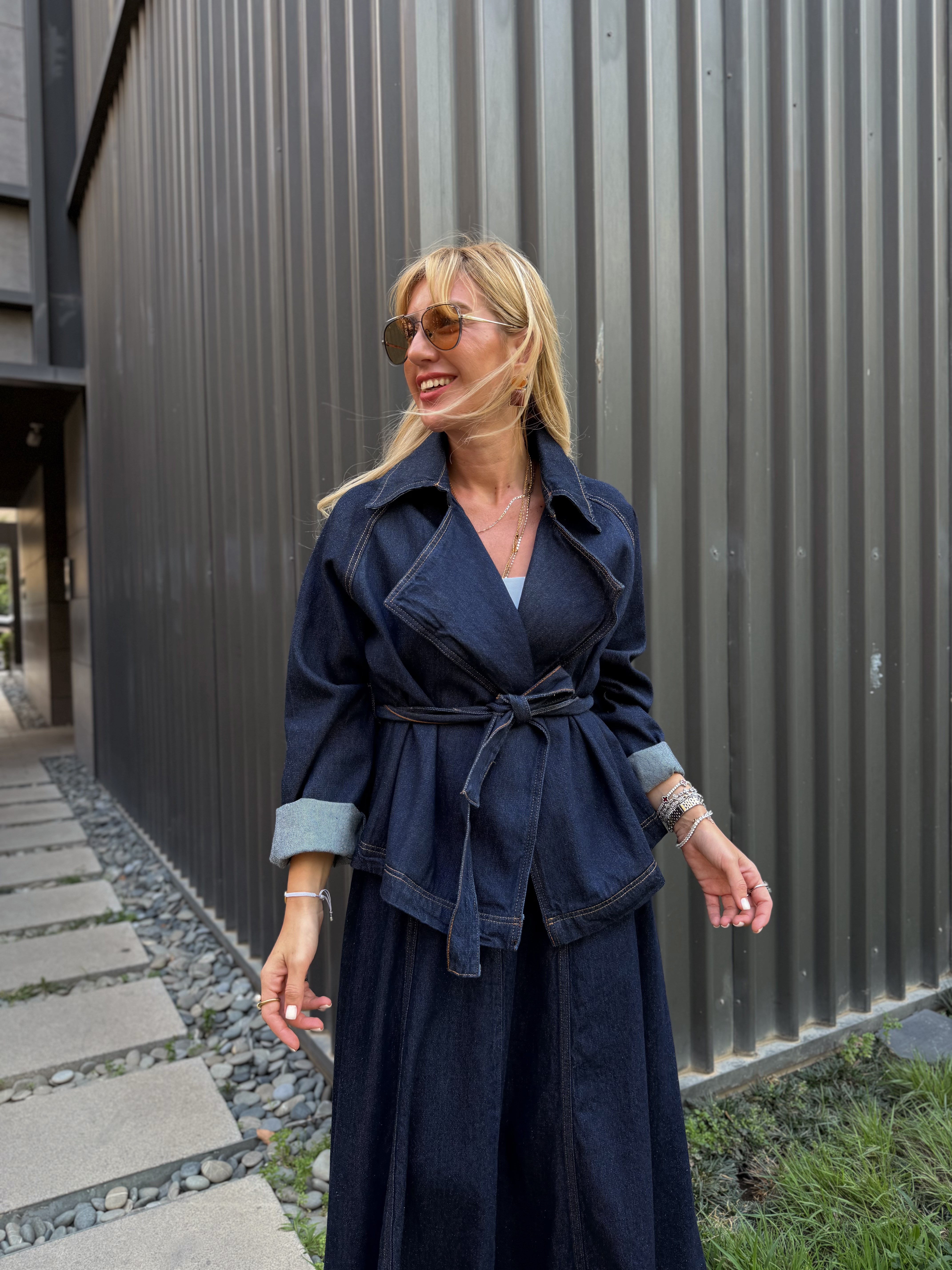 Kuşaklı Ceket & Etek , Premium Jean Takım