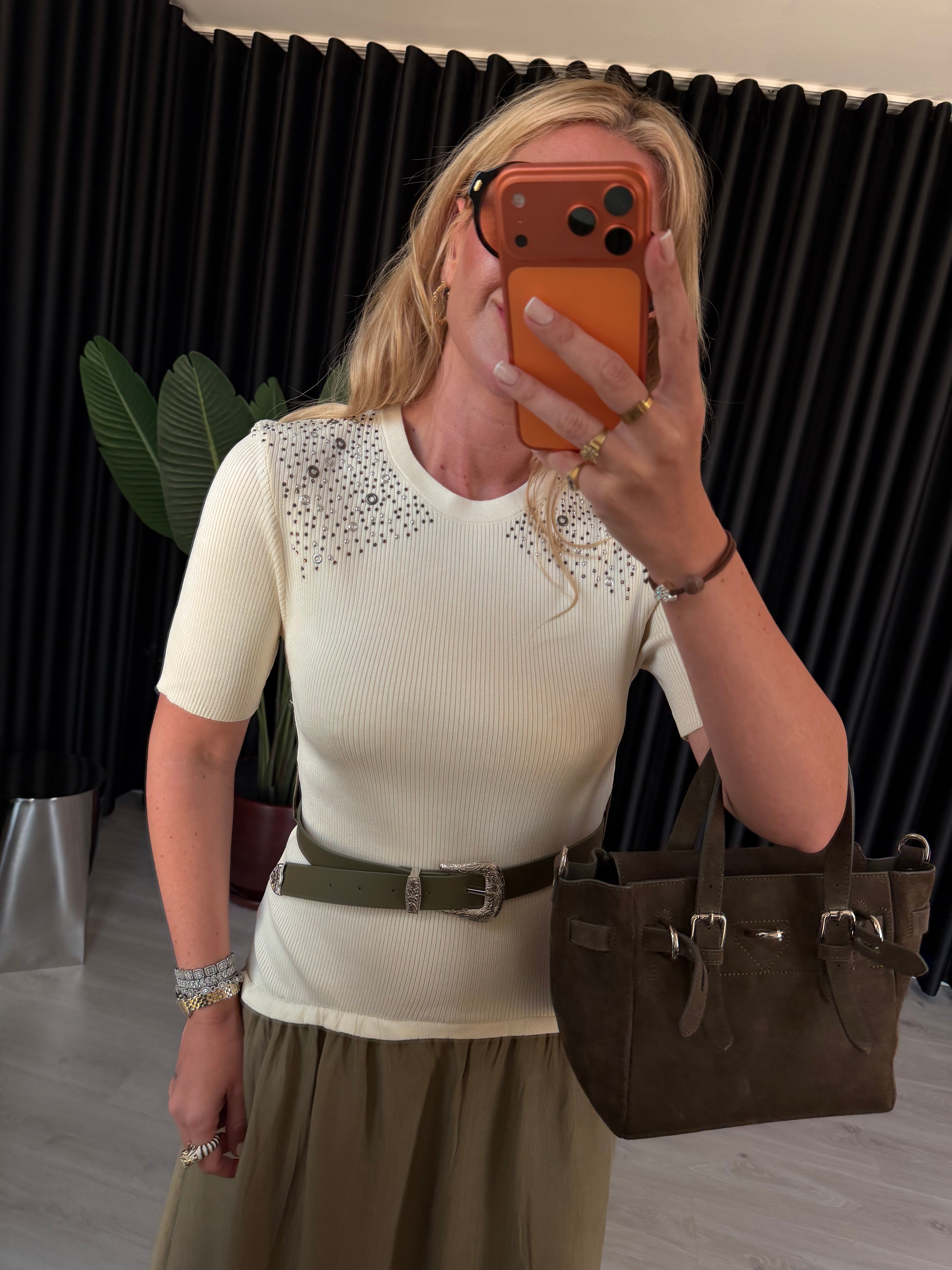 Orijinal Model, Kemerli, Taşlı Triko & Tencel Mix Elbise