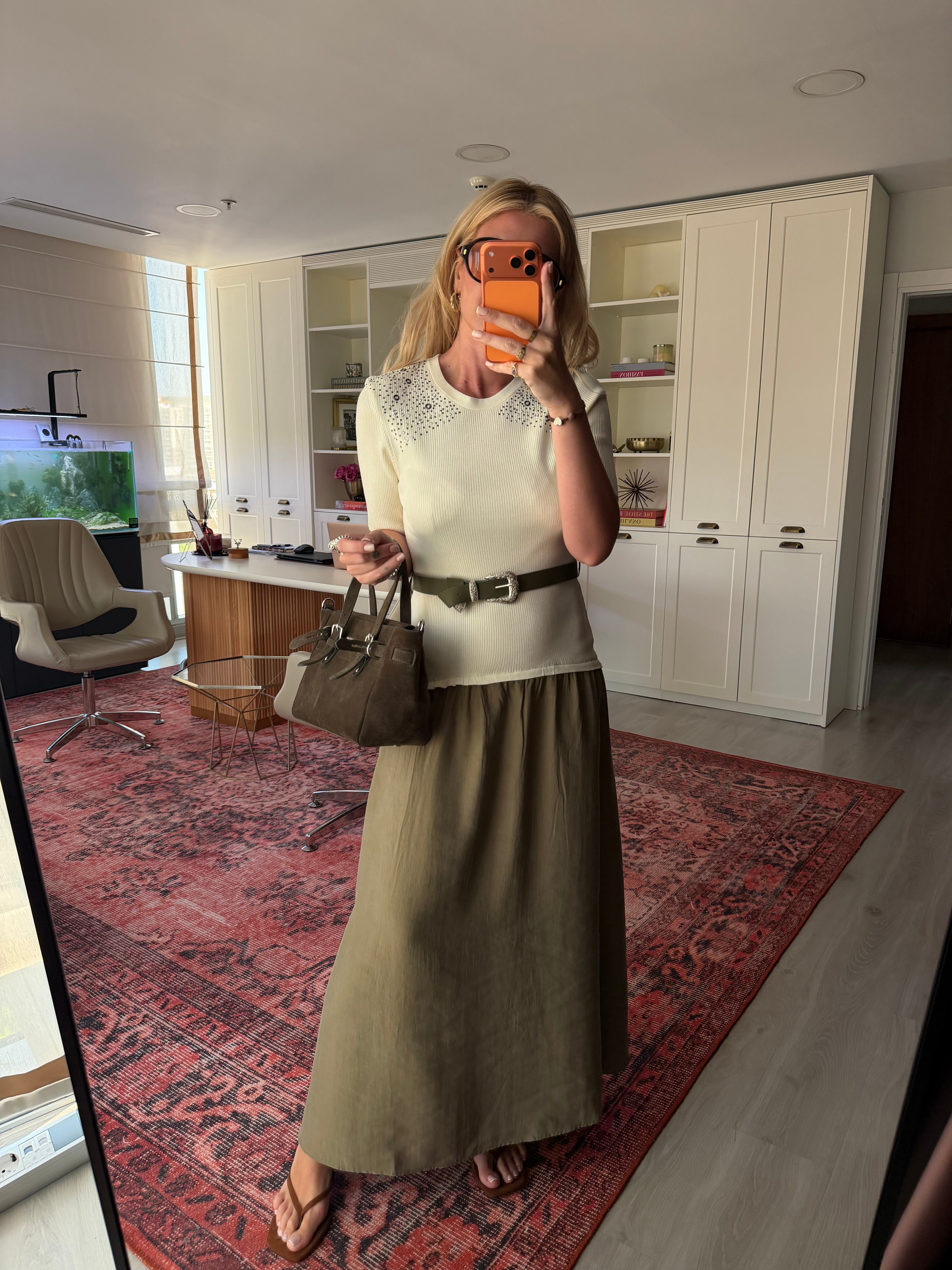Orijinal Model, Kemerli, Taşlı Triko & Tencel Mix Elbise
