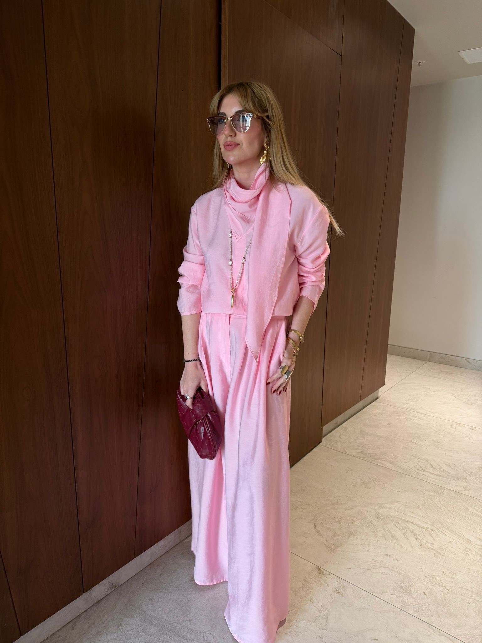 Pembe , Orijinal Model Fular Yakalı Gömlek & Pantalon Premium Tencel Takım