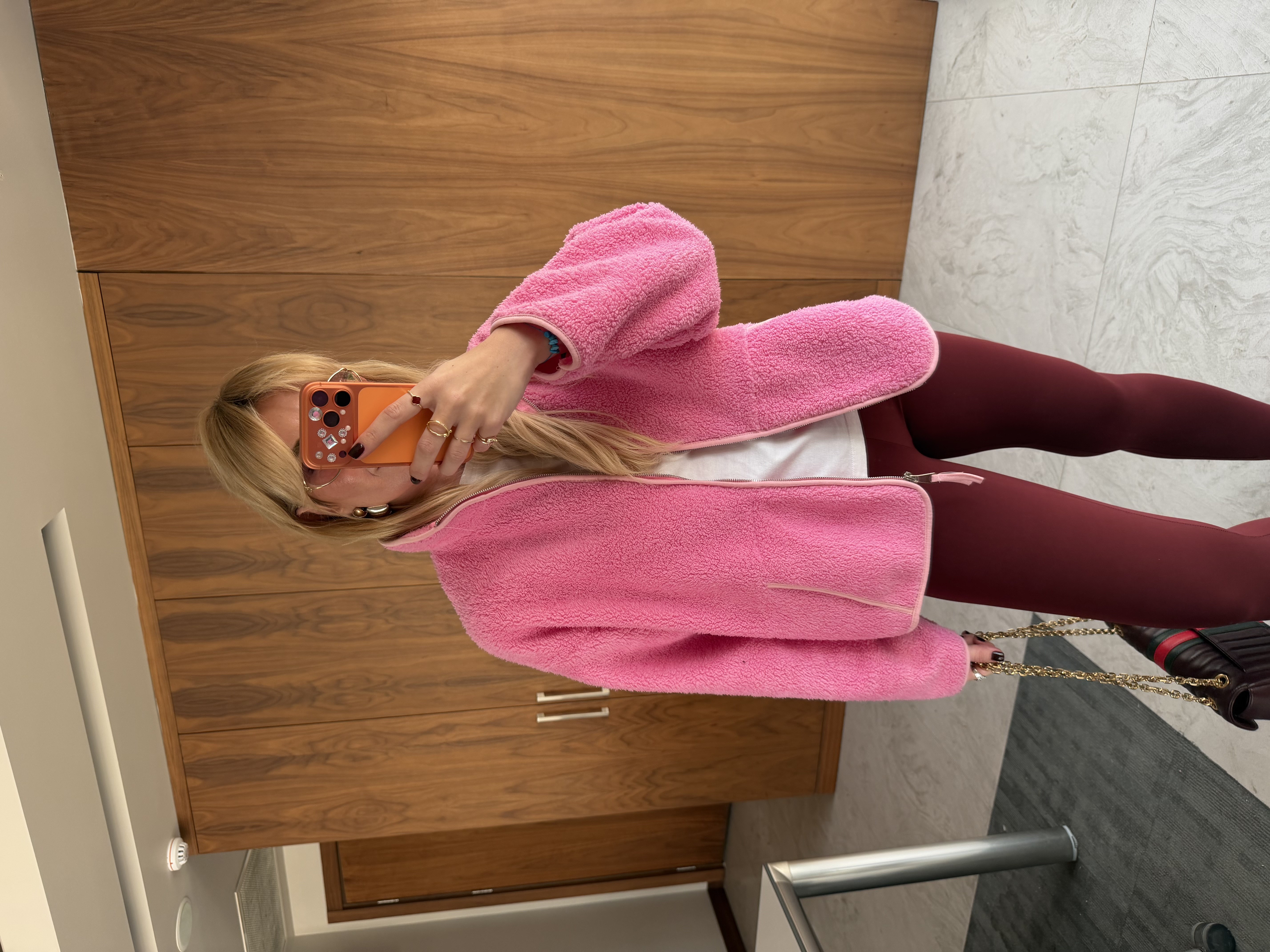 Önden Fermuarlı Dik Yaka Pembe Teddy Mont