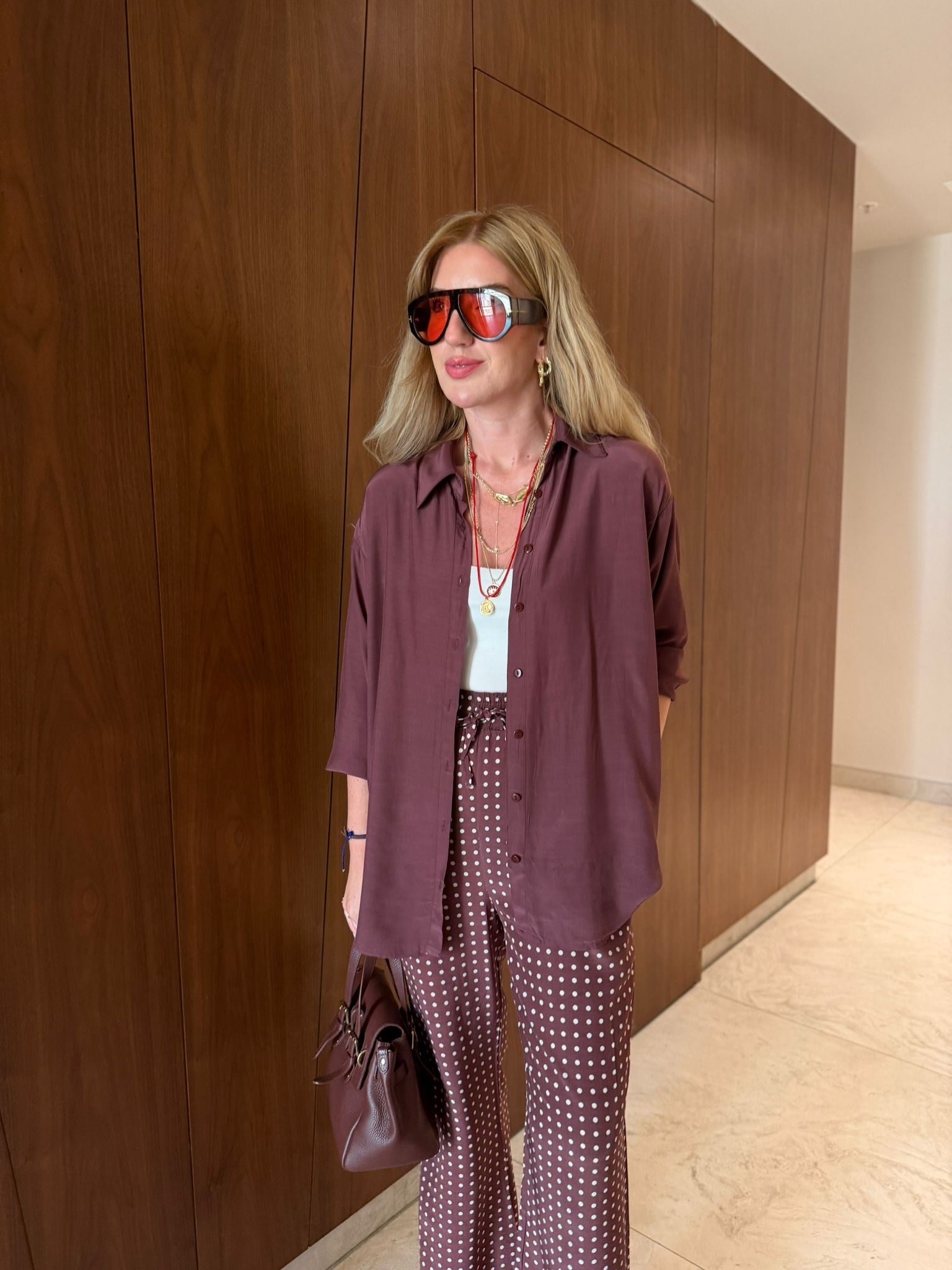 Bordo , Puantiyeli Pantolon & Gömlek , Tencel Takım