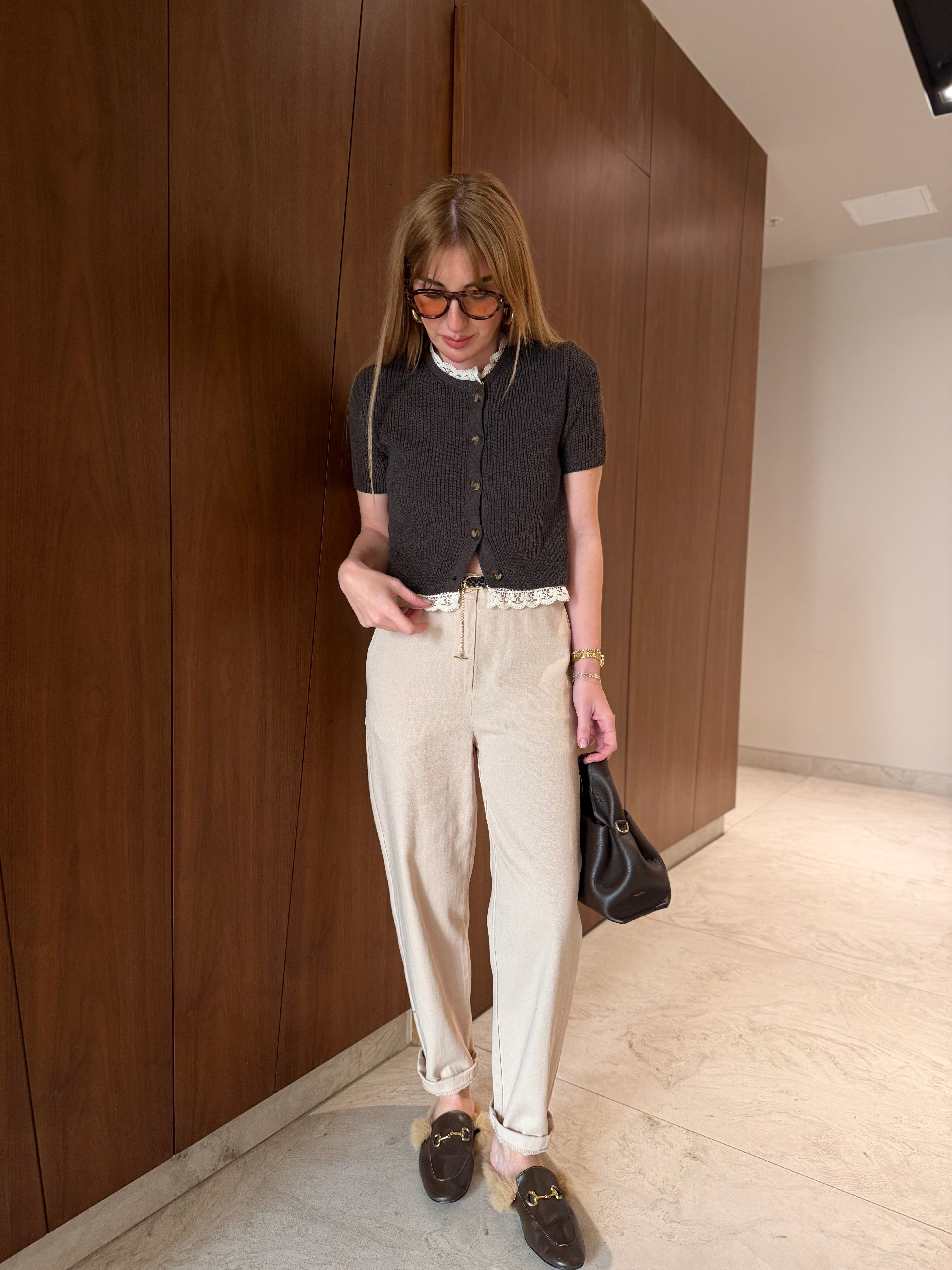 Orijinal Model , Örgü Deri Kemerli , Bej Gabardin Pantolon