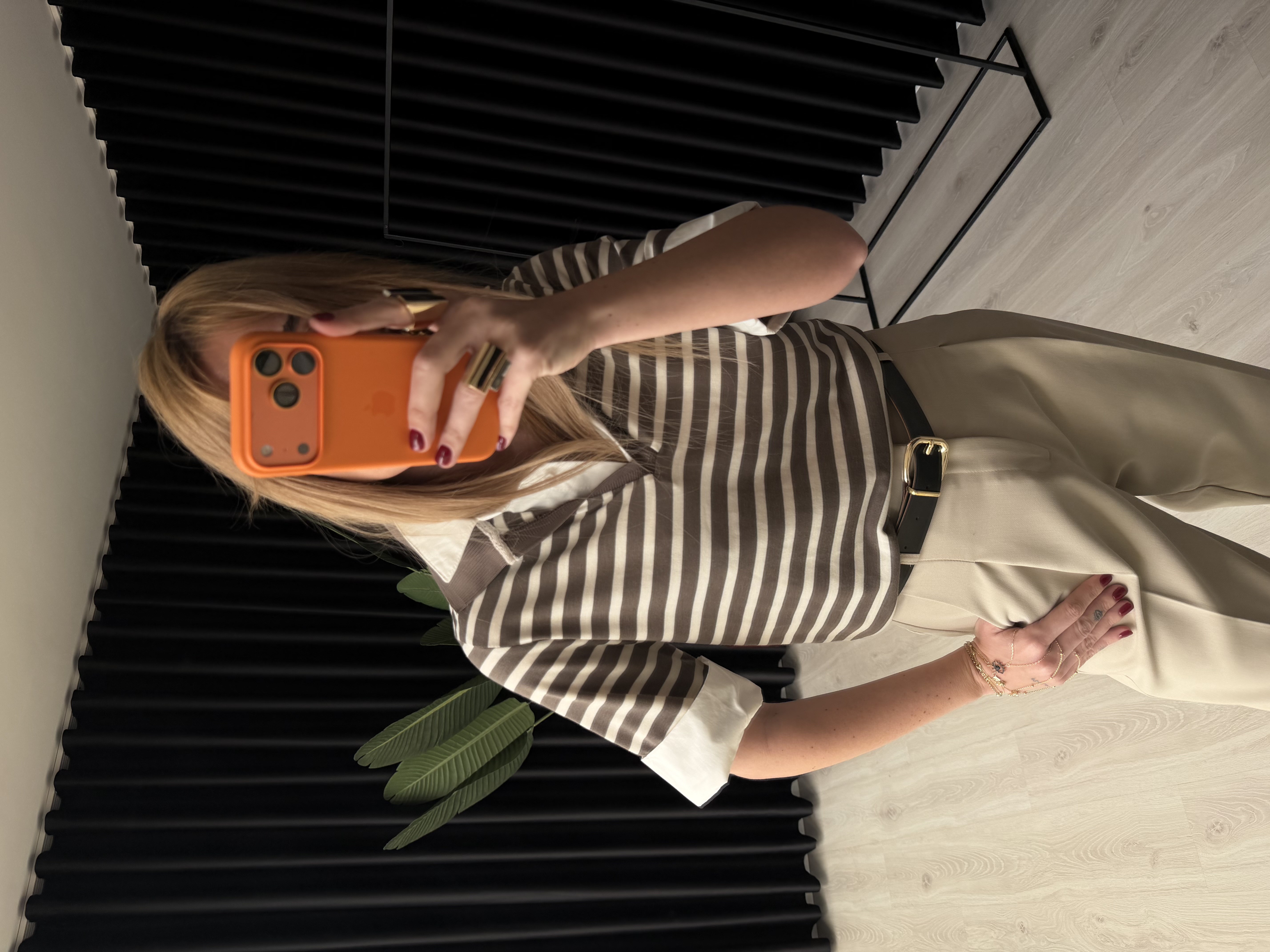 Vizon Çizgili, Poplin Detaylı Polo Yaka Modal Bluz