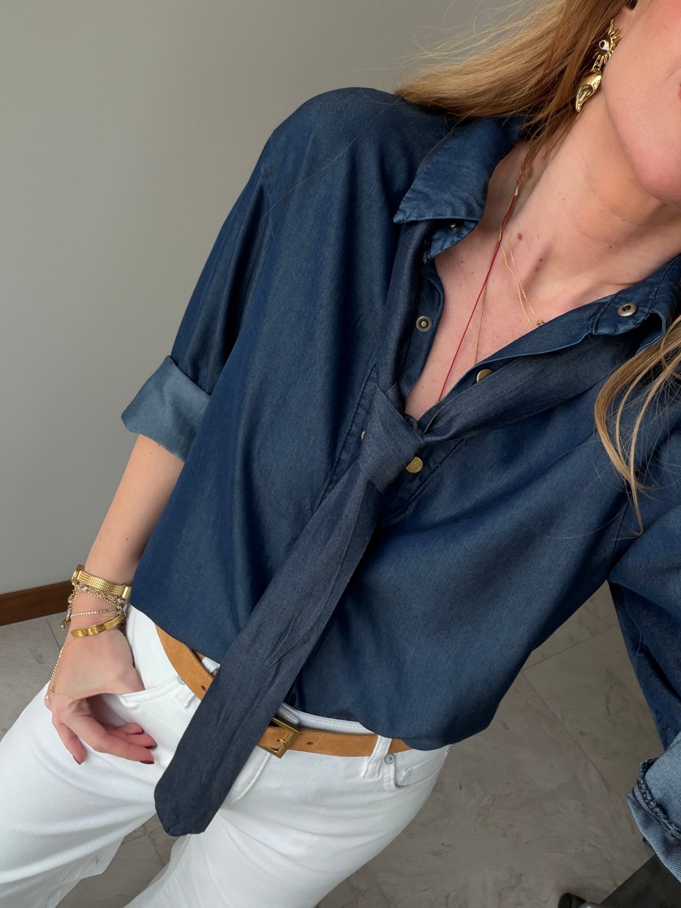 Lacivert Kravatlı Premium Tencel Jean Gömlek