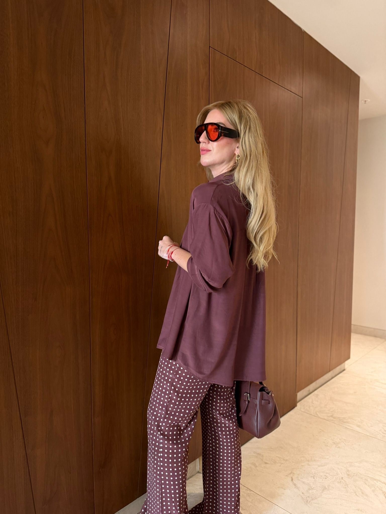 Bordo , Puantiyeli Pantolon & Gömlek , Tencel Takım