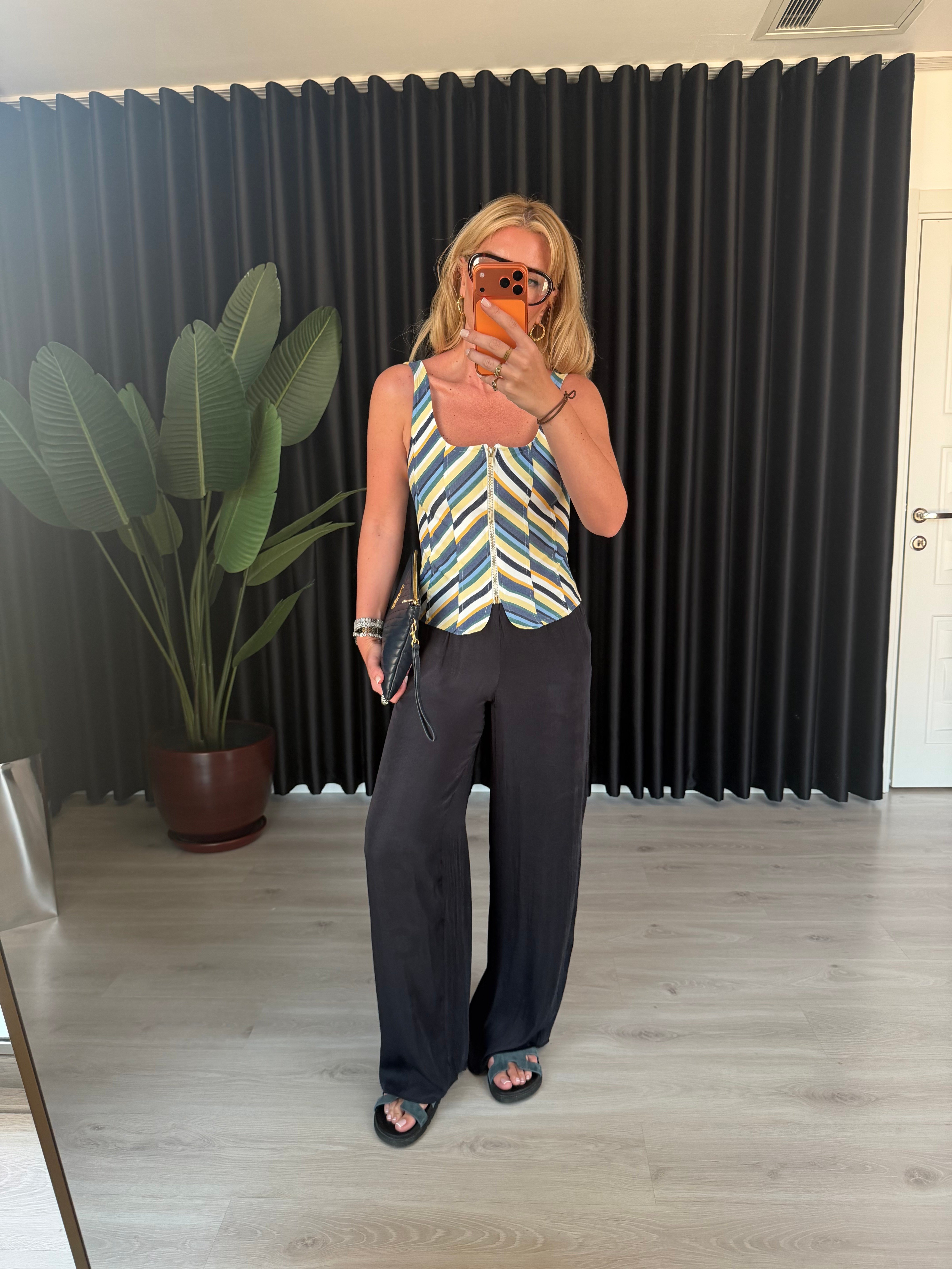 Beli Komple Lastikli Lacivert Tencel Palazzo Pantalon