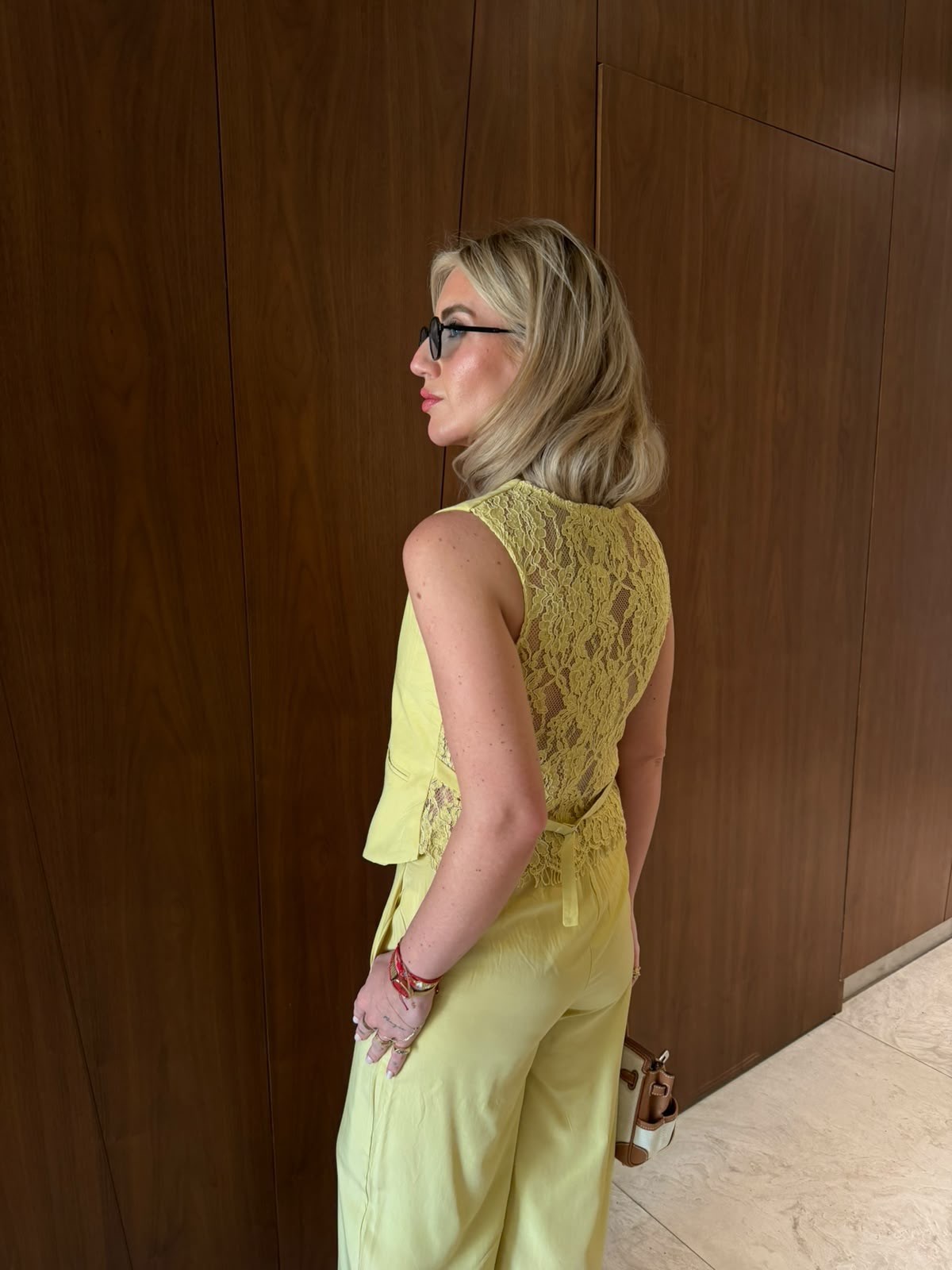 Arkası Güpürlü Yelek & Pantolon , Olive Tencel Takım