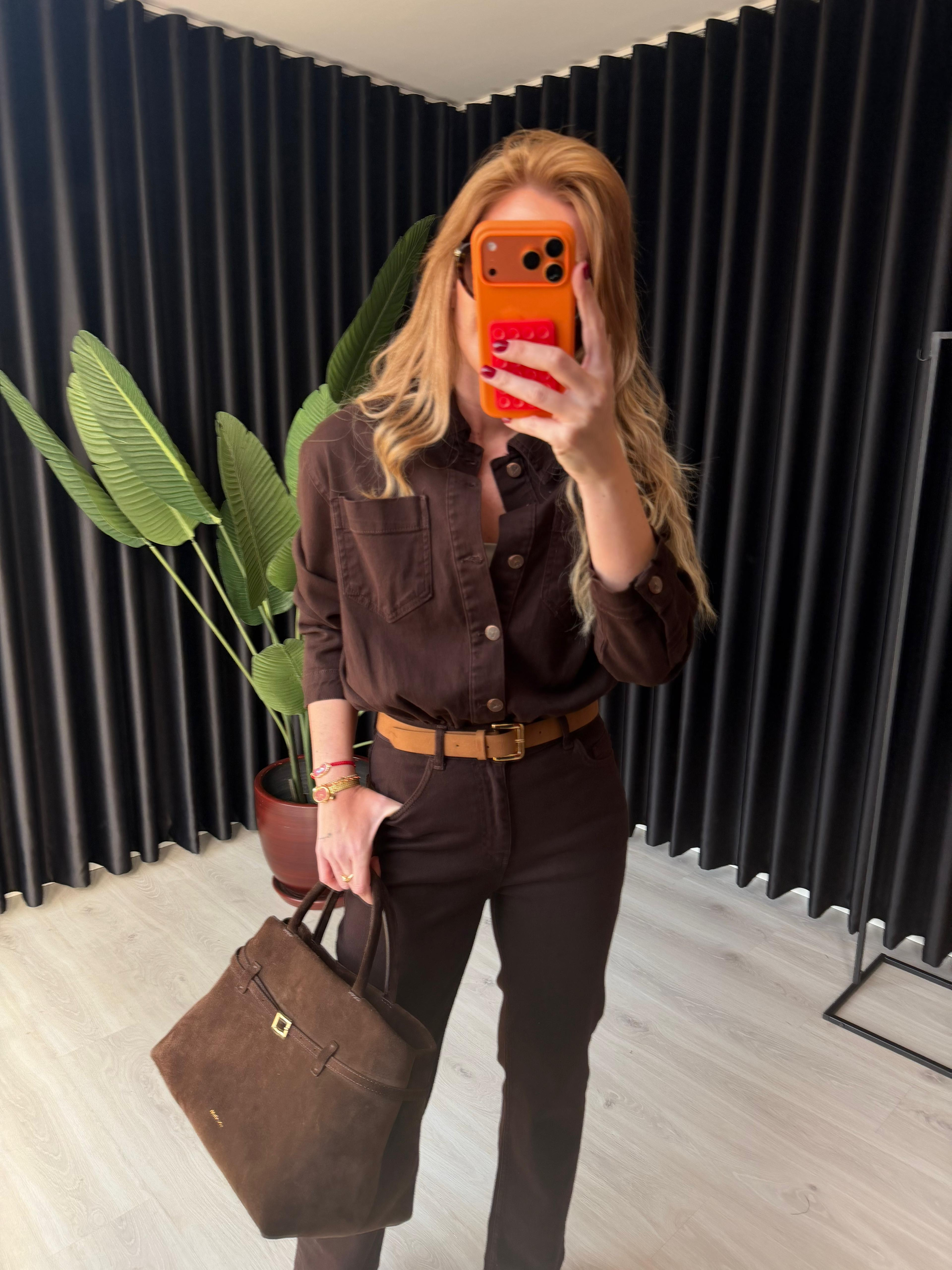 Süet Kemerli, Beli Lastikli, Likralı Acıkahve Premium Tulum