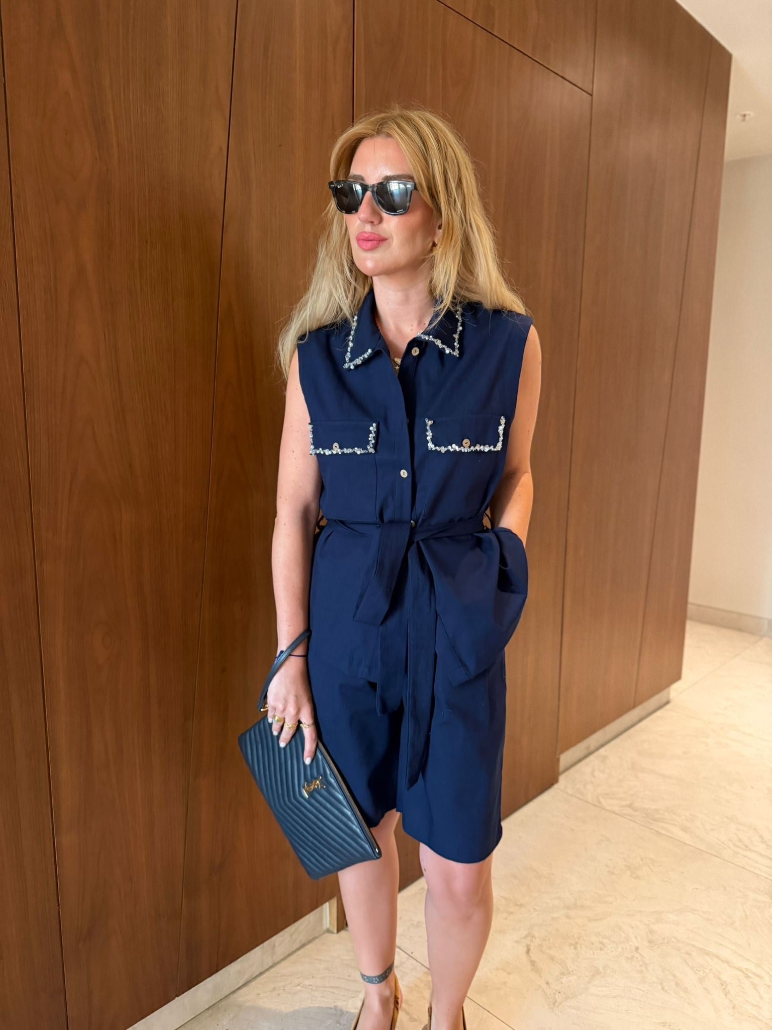 Orijinal Model , Taş İşlemeli , Yelek & Şehir Boy , Premium Lacivert Şort Takım