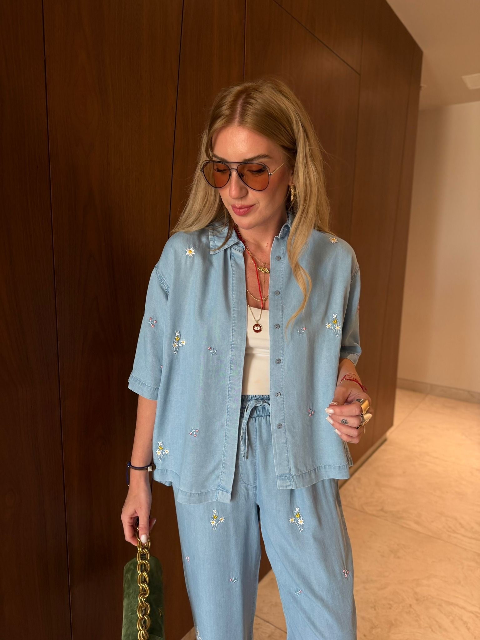 Çiçek Nakışlı , Beli Lastikli , Tencel Jean Takım