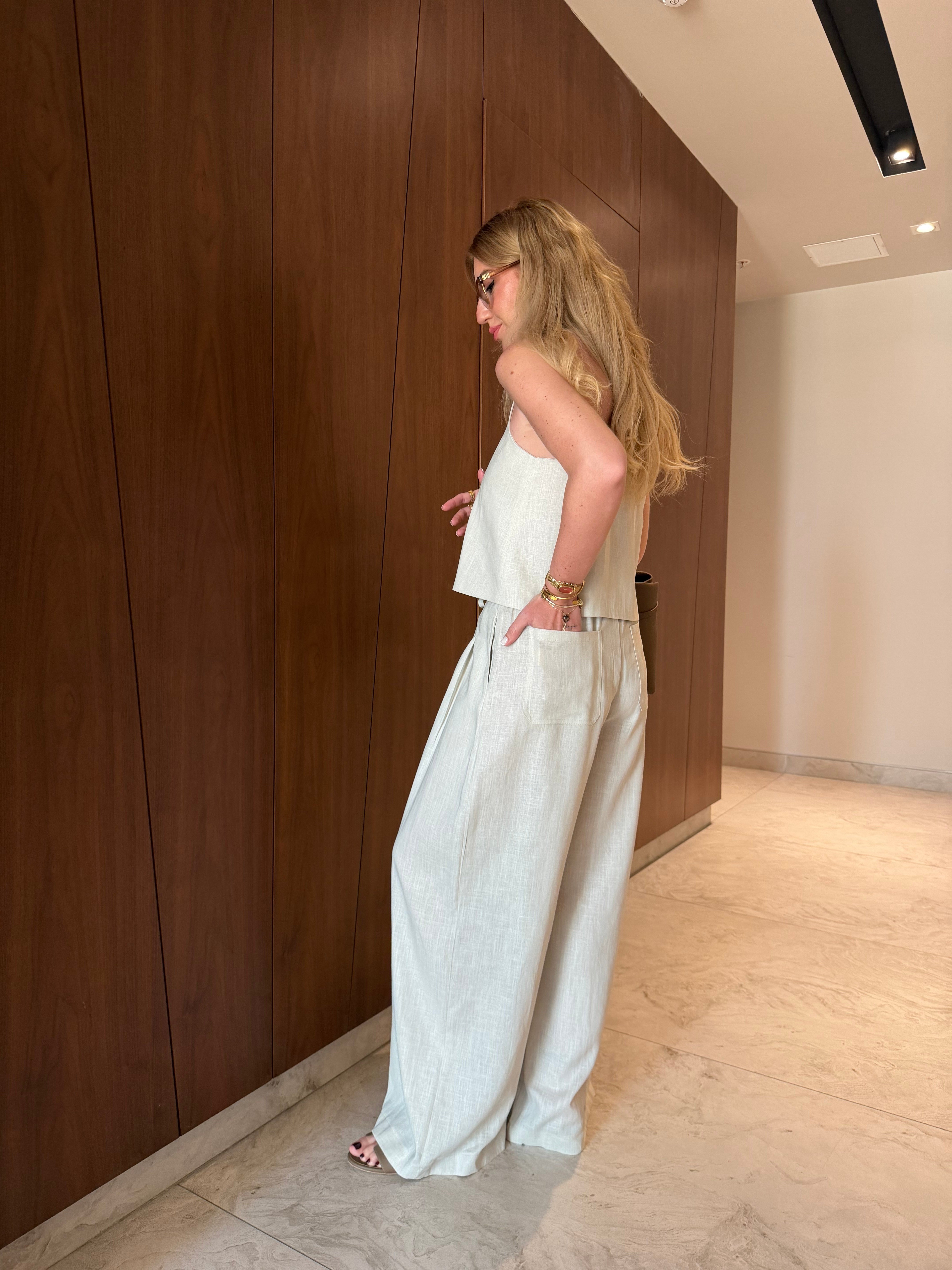 Halter Yaka , Bluz & Pantolon , Bej Pamuk Keten Takım