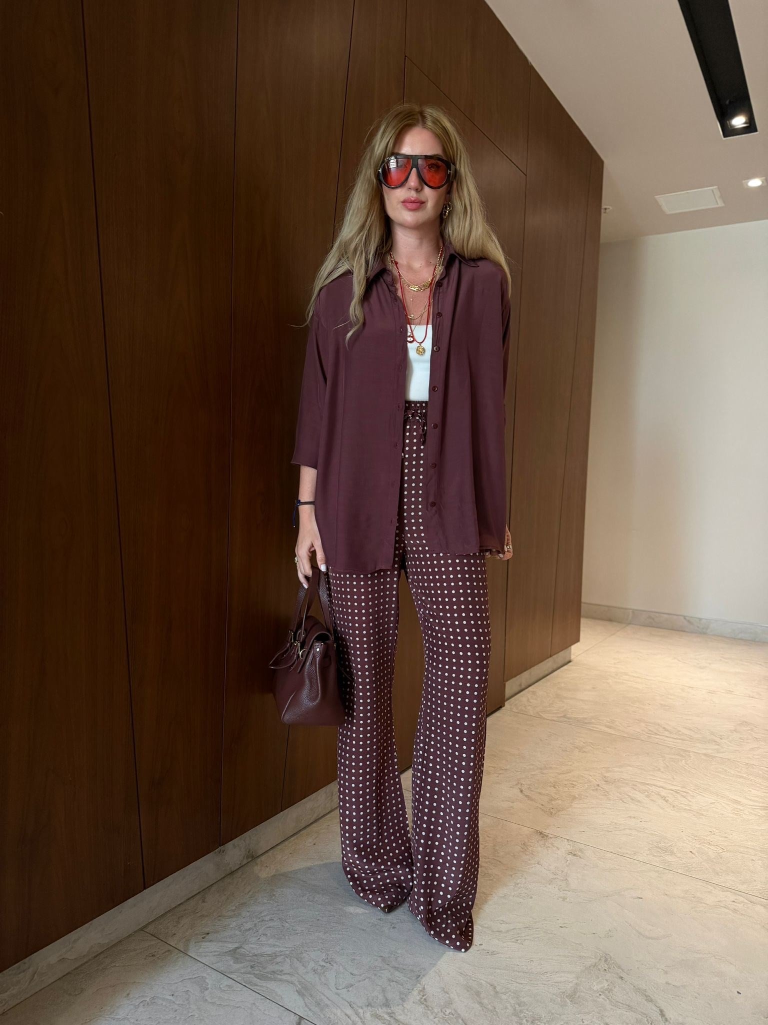 Bordo , Puantiyeli Pantolon & Gömlek , Tencel Takım