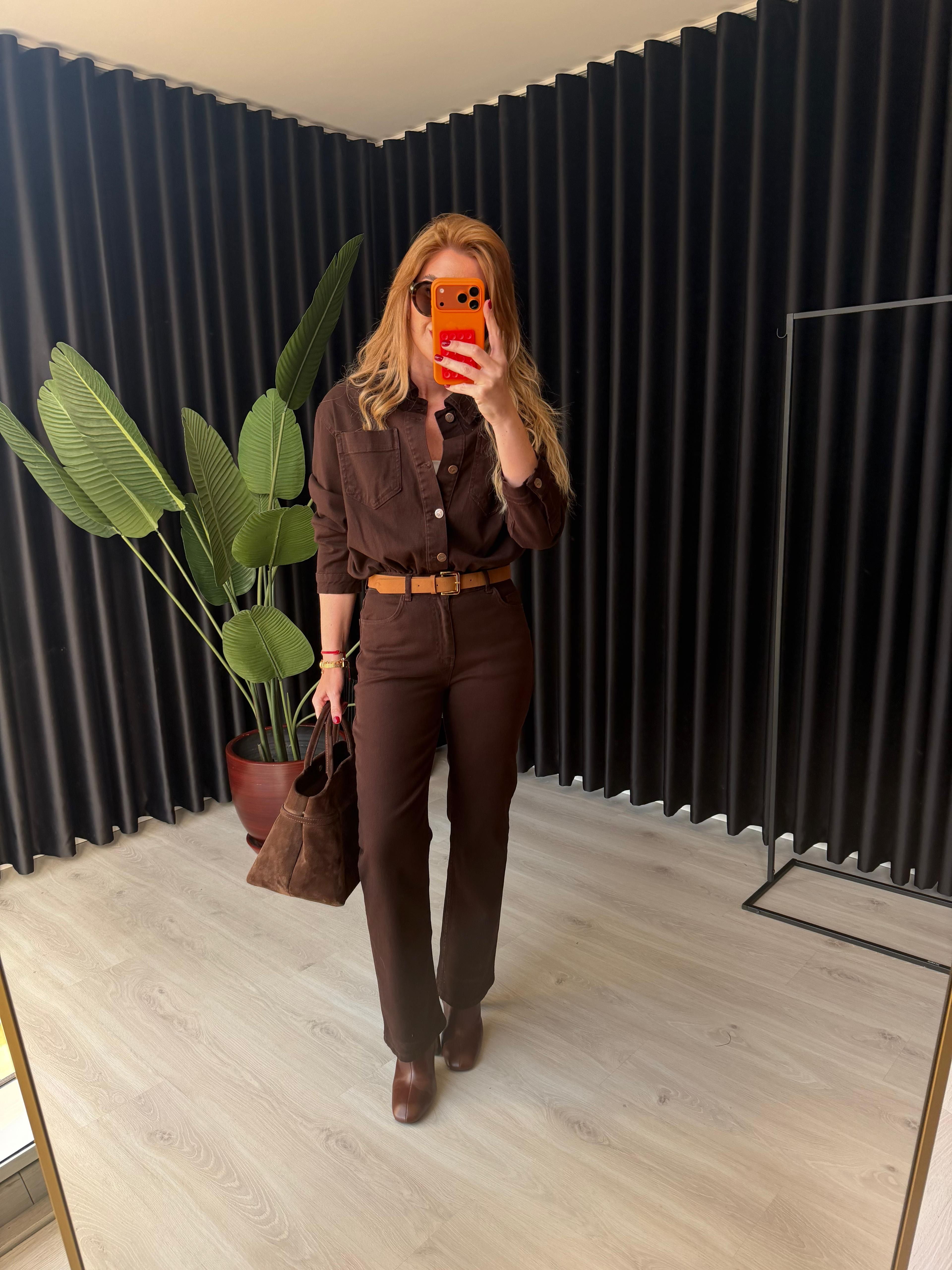 Süet Kemerli, Beli Lastikli, Likralı Acıkahve Premium Tulum