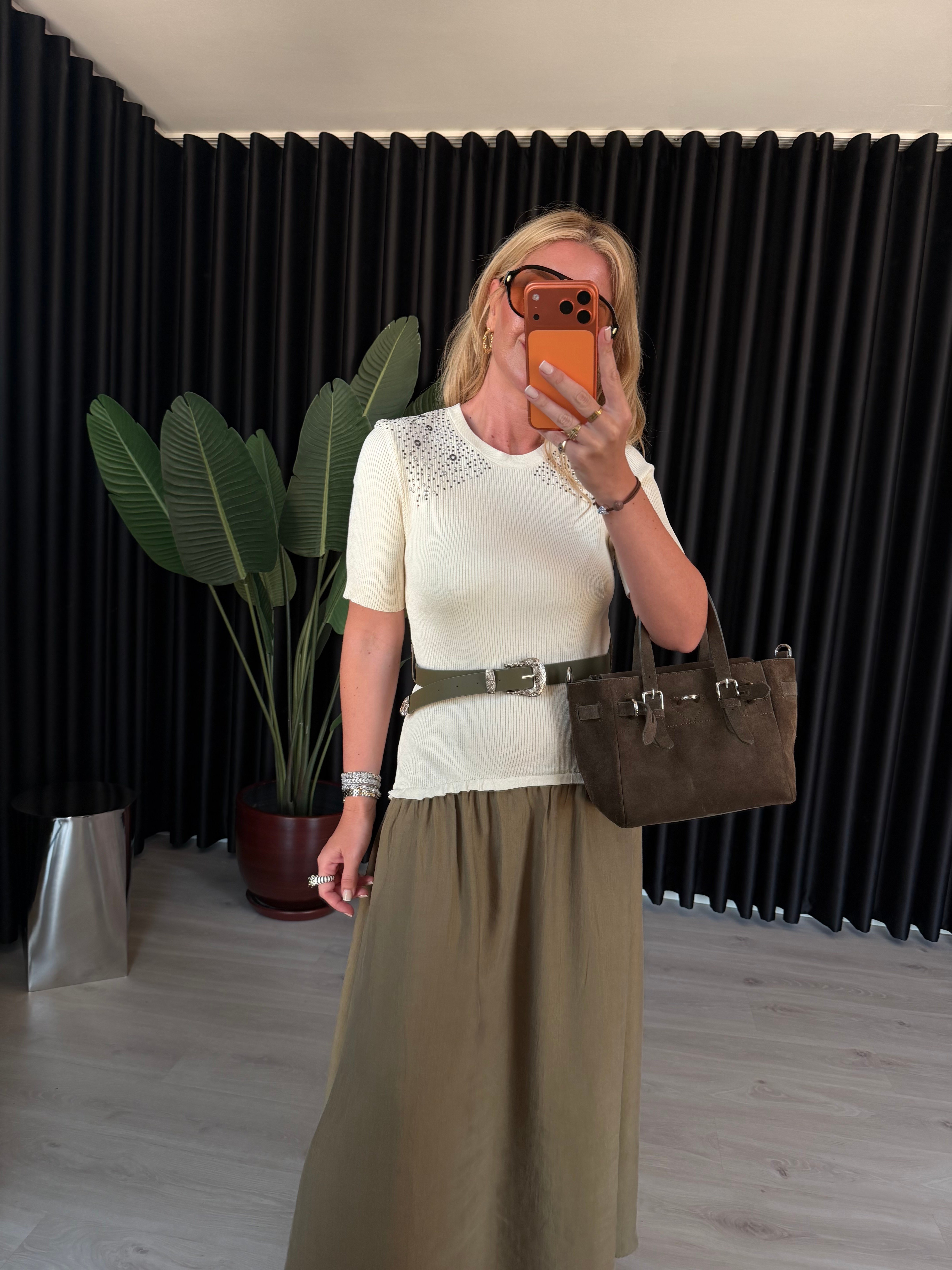 Orijinal Model, Kemerli, Taşlı Triko & Tencel Mix Elbise