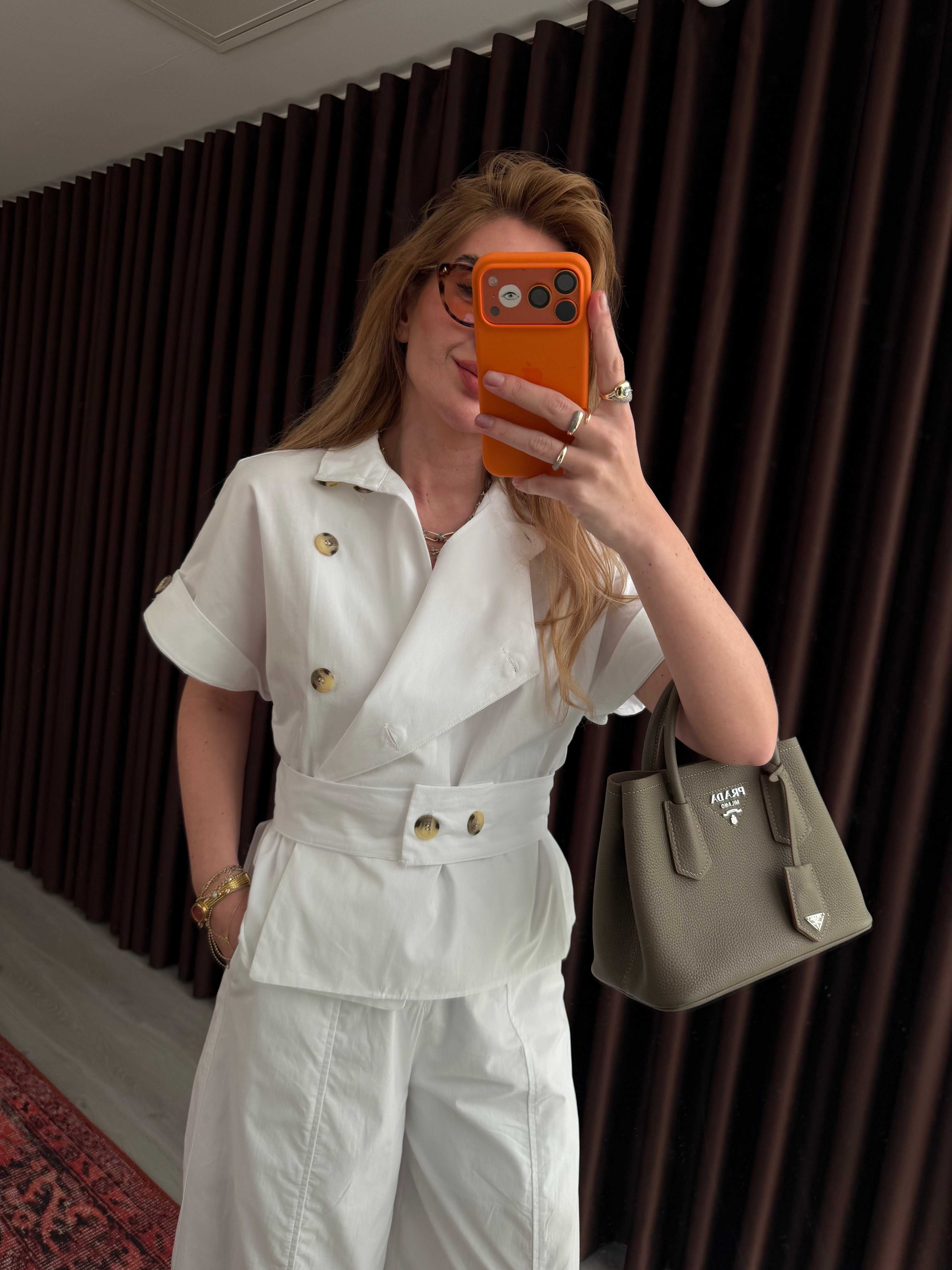 Dik Yaka , Düğme Detaylı , Premium Ekru Takım