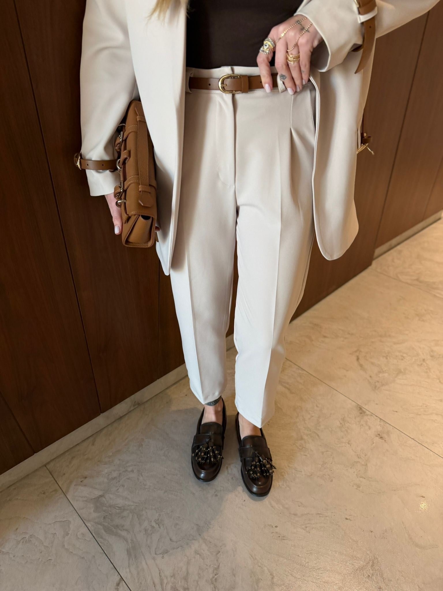 Orijinal Model , Premium , Bej , Kemerli Blazer & Pantolon Takım