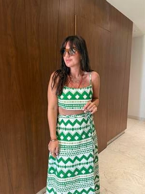 Yeşil Geometrik Desenli , Crop & Etek Takım