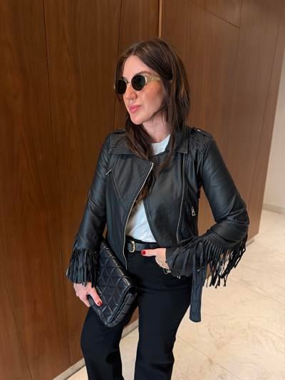 Püskül Detaylı , Siyah Deri Ceket