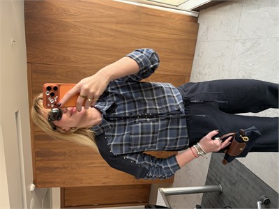 Orijinal Model, Lacivert Ekoseli, Taş Detaylı Premium Gömlek & Pantalon Takım