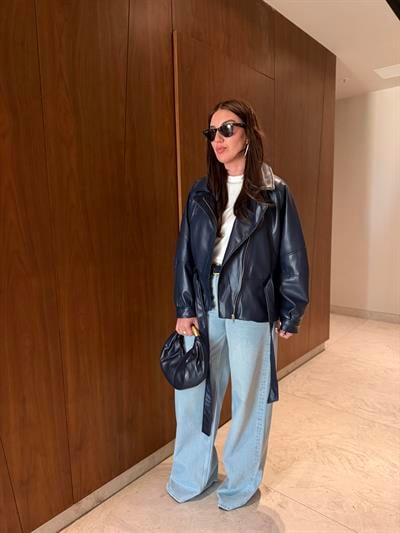 Kuşaklı , Lacivert , Premium Deri Ceket