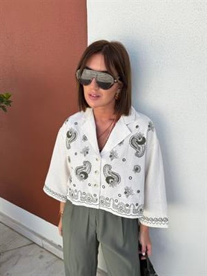 Önden Düğmeli , Haki İşlemeli , Ayna Pullu , Tasarım Gömlek