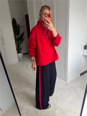 Orijinal Model Kırmızı Yakası Taş İşlemeli Sweat & Modal Pantalon Takım