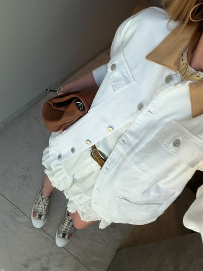 Bej Yakalı , Beyaz , Yumuşacık Tencel Jean Ceket