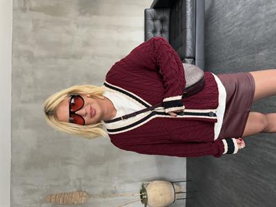 Premium Kalite , V Yaka , Bordo & Ekru , Triko Hırka