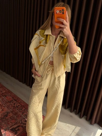 Sarı , Desenli Kumaş , Ceket & Pantolon Takım