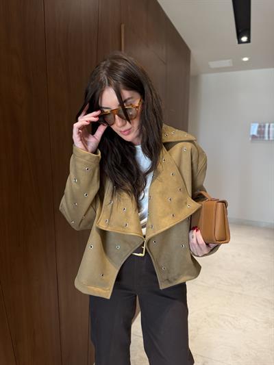 Kuş Gözü Detaylı , Taba , Premium Süet Ceket