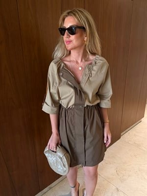 Orijinal Model , Deri Detaylı , Bej & Vizon Garnili Elbise