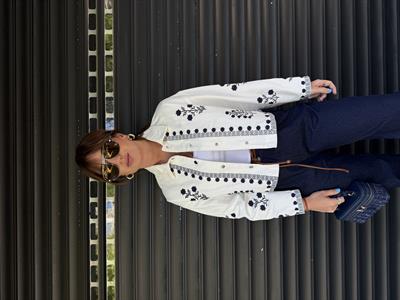 Lacivert Nakışlı Ekru Premium Denim Ceket