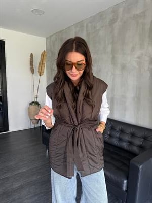 Arkası Triko Detaylı , Kuşaklı , Acı Kahve Puff Yelek