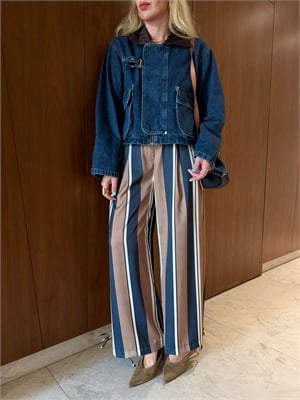 Orijinal Model , Paça Bağlama Detaylı , Lacivert & Bej Çizgili Pantolon