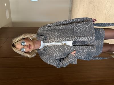 Gabardin Kumaş , Kuşaklı , Füme Leopar Jean Gömlek